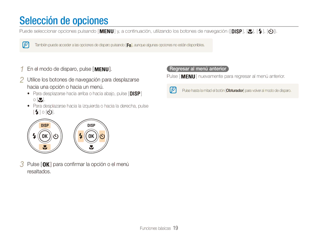 Samsung EC-ES80ZZBPBE1, EC-ES80ZZBPRE1 manual Selección de opciones, En el modo de disparo, pulse, Regresar al menú anterior 