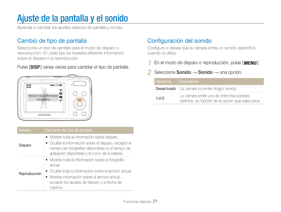 Samsung EC-ES80ZZBPPE1 manual Ajuste de la pantalla y el sonido, Cambio de tipo de pantalla, Configuración del sonido 