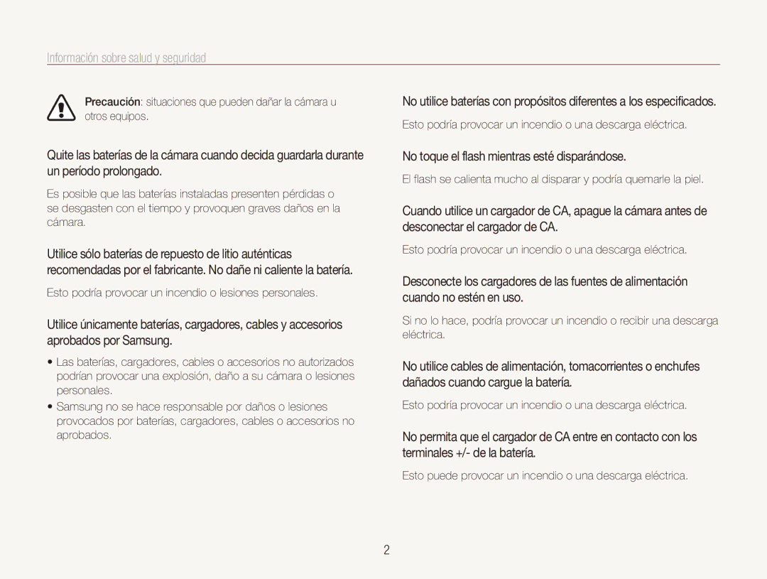 Samsung EC-ES80ZZBPSE1, EC-ES80ZZBPBE1 Información sobre salud y seguridad, No toque el flash mientras esté disparándose 