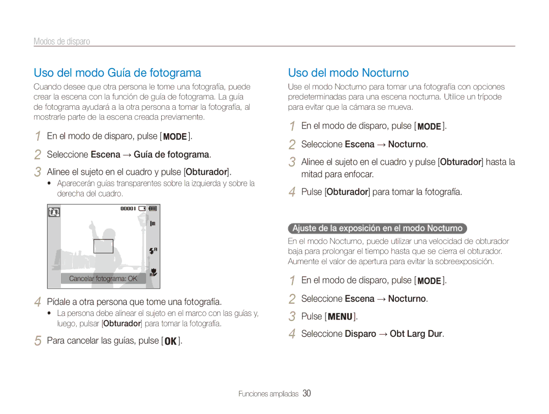 Samsung EC-ES80ZZBPSE1 Uso del modo Guía de fotograma, Uso del modo Nocturno, Ajuste de la exposición en el modo Nocturno 