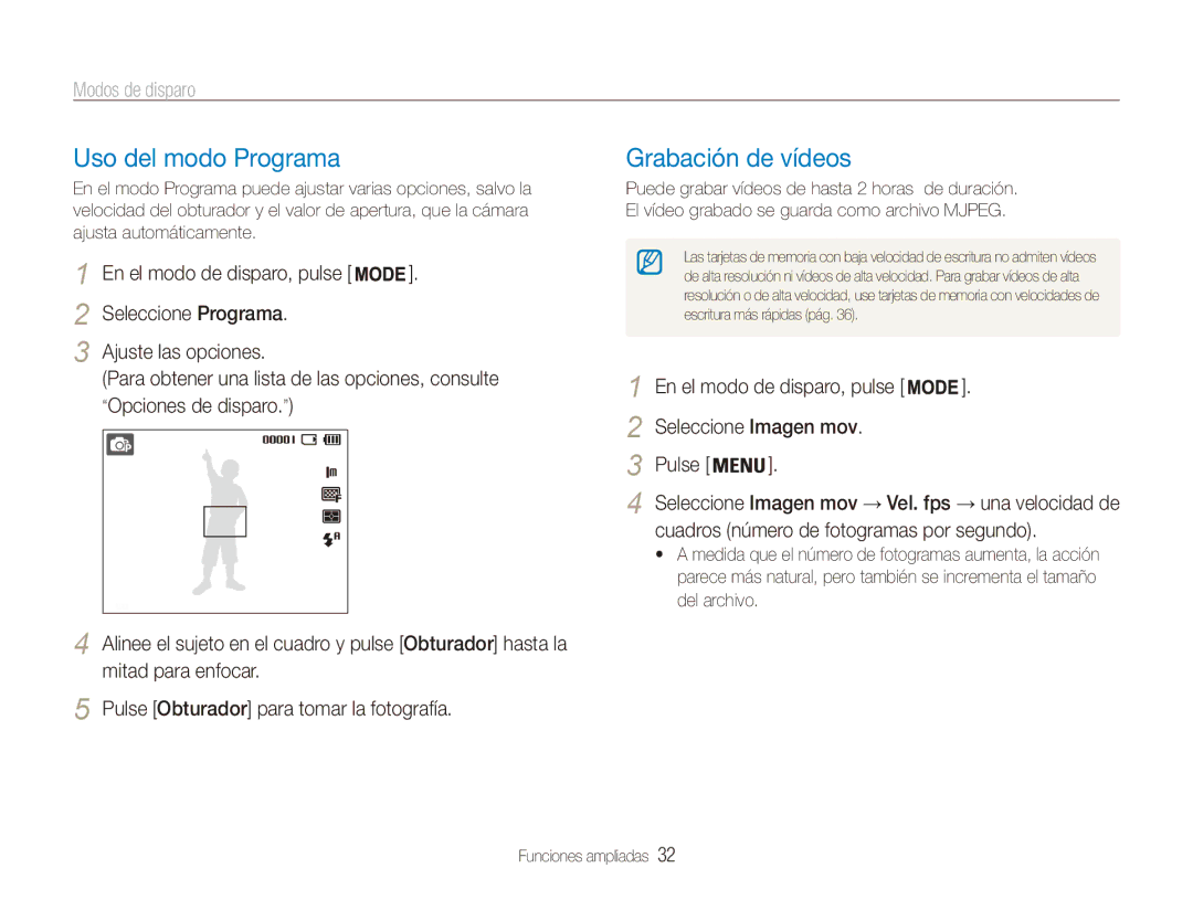 Samsung EC-ES80ZZBPRE1 manual Uso del modo Programa, Grabación de vídeos, Cuadros número de fotogramas por segundo 