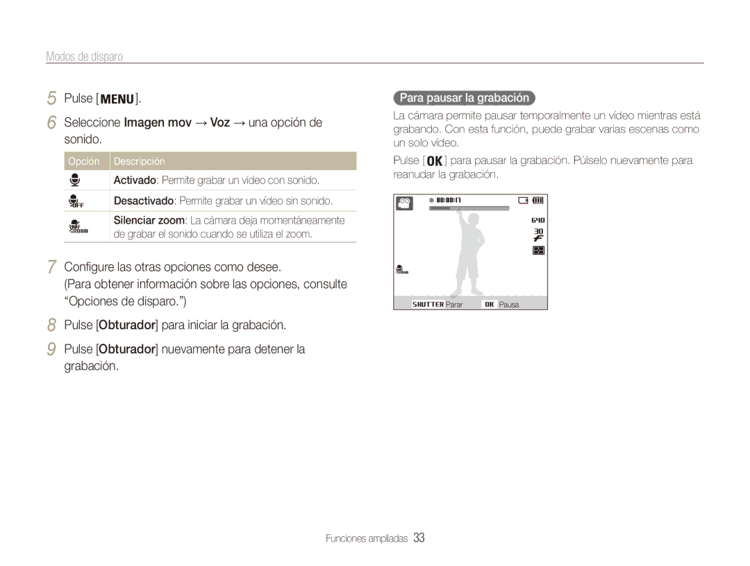 Samsung EC-ES80ZZBPPE1 Sonido, Para pausar la grabación, Seleccione Imagen mov → Voz → una opción de, Opción Descripción 