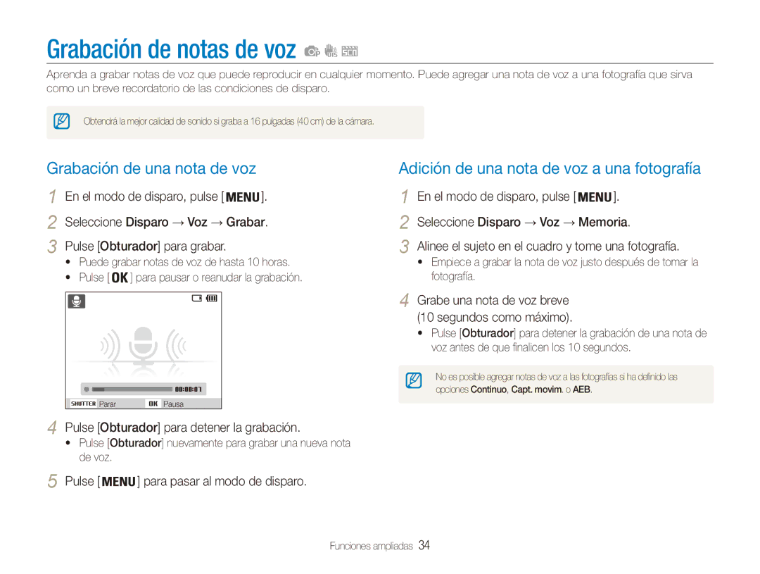 Samsung EC-ES80ZZBPSE1 Grabación de notas de voz, Grabación de una nota de voz, Pulse Obturador para detener la grabación 