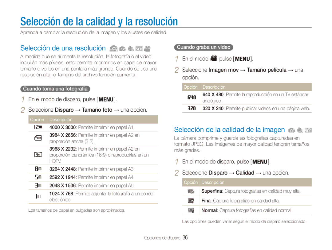 Samsung EC-ES80ZZBPRE1 Selección de la calidad y la resolución, Selección de una resolución, En el modo Pulse, Opción 