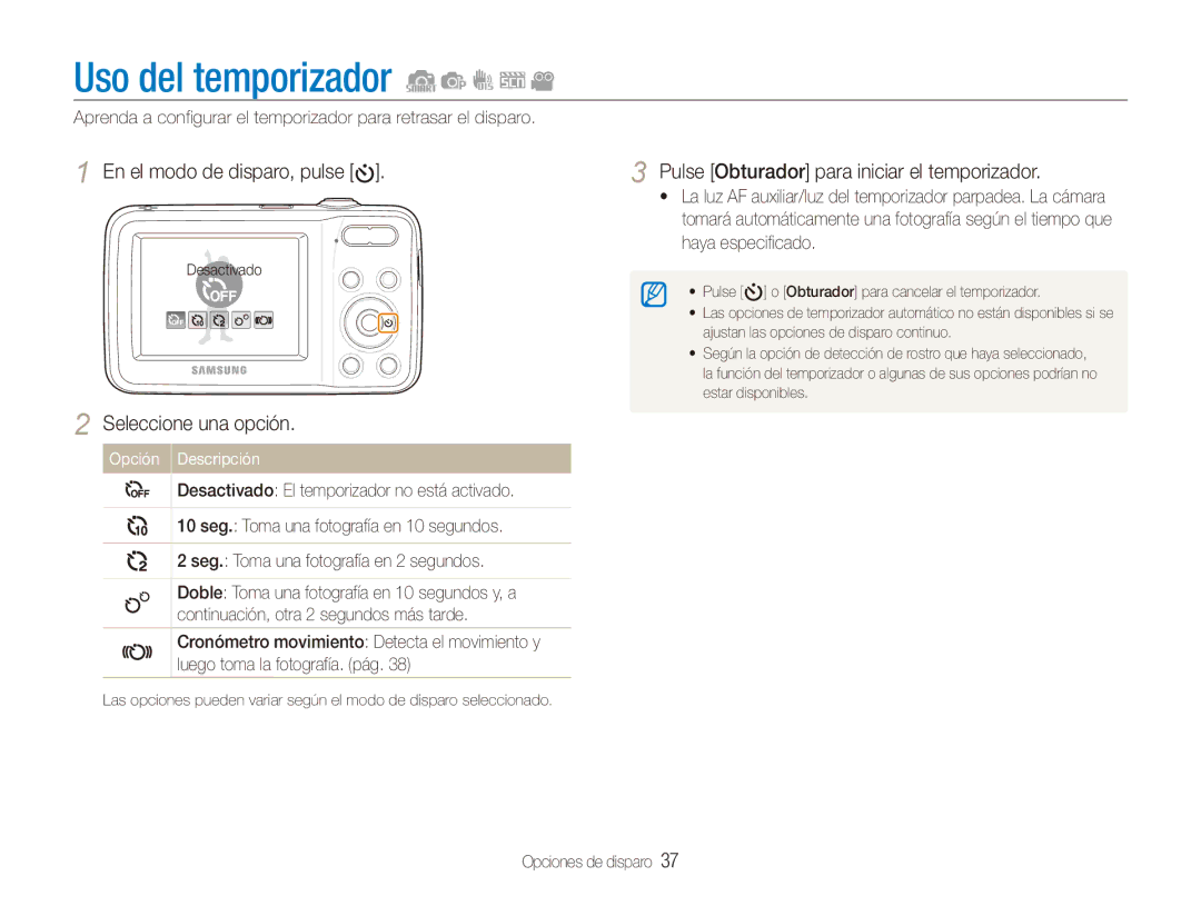 Samsung EC-ES80ZZBPPE1, EC-ES80ZZBPBE1, EC-ES80ZZBPRE1 Uso del temporizador, Pulse Obturador para iniciar el temporizador 