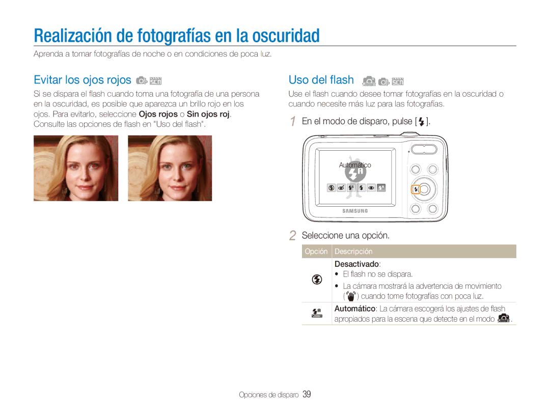 Samsung EC-ES80ZZBPBE1, EC-ES80ZZBPRE1 Realización de fotografías en la oscuridad, Evitar los ojos rojos, Uso del flash 