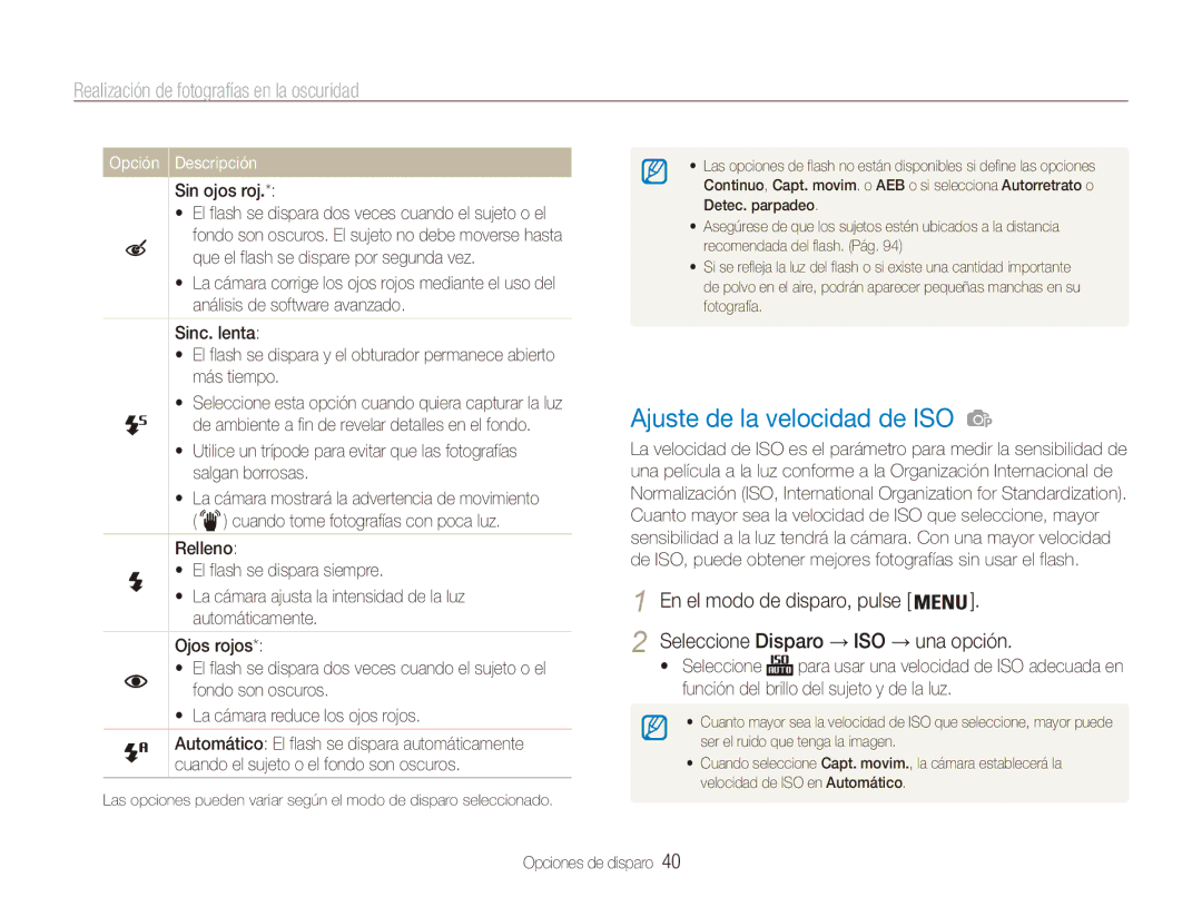 Samsung EC-ES80ZZBPRE1 manual Ajuste de la velocidad de ISO, Realización de fotografías en la oscuridad, Sin ojos roj 