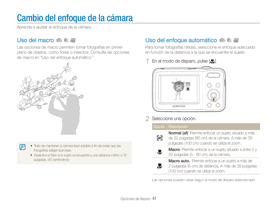 Samsung EC-ES80ZZBPPE1, EC-ES80ZZBPBE1 manual Cambio del enfoque de la cámara, Uso del macro, Uso del enfoque automático 