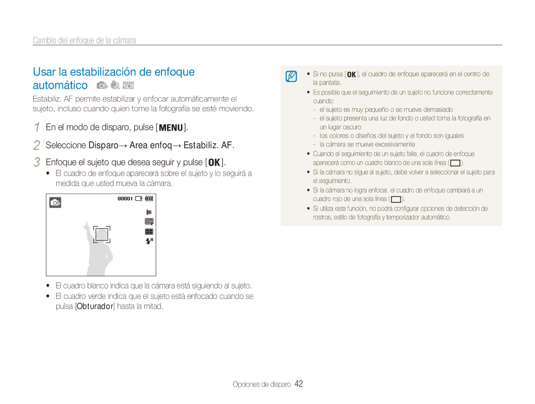 Samsung EC-ES80ZZBPSE1, EC-ES80ZZBPBE1 manual Usar la estabilización de enfoque automático, Cambio del enfoque de la cámara 