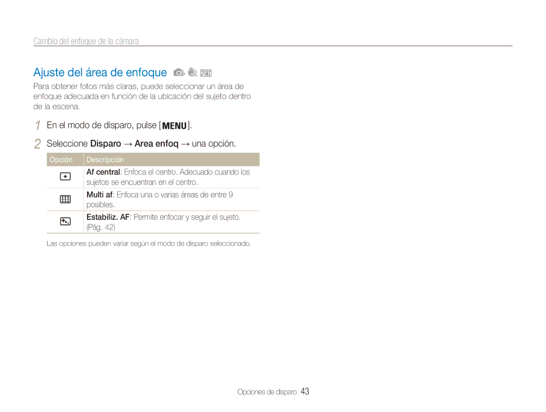 Samsung EC-ES80ZZBPBE1, EC-ES80ZZBPRE1 manual Ajuste del área de enfoque, Seleccione Disparo → Area enfoq → una opción 