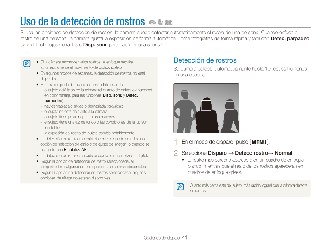 Samsung EC-ES80ZZBPRE1 Uso de la detección de rostros, Detección de rostros, Seleccione Disparo → Detecc rostro→ Normal 