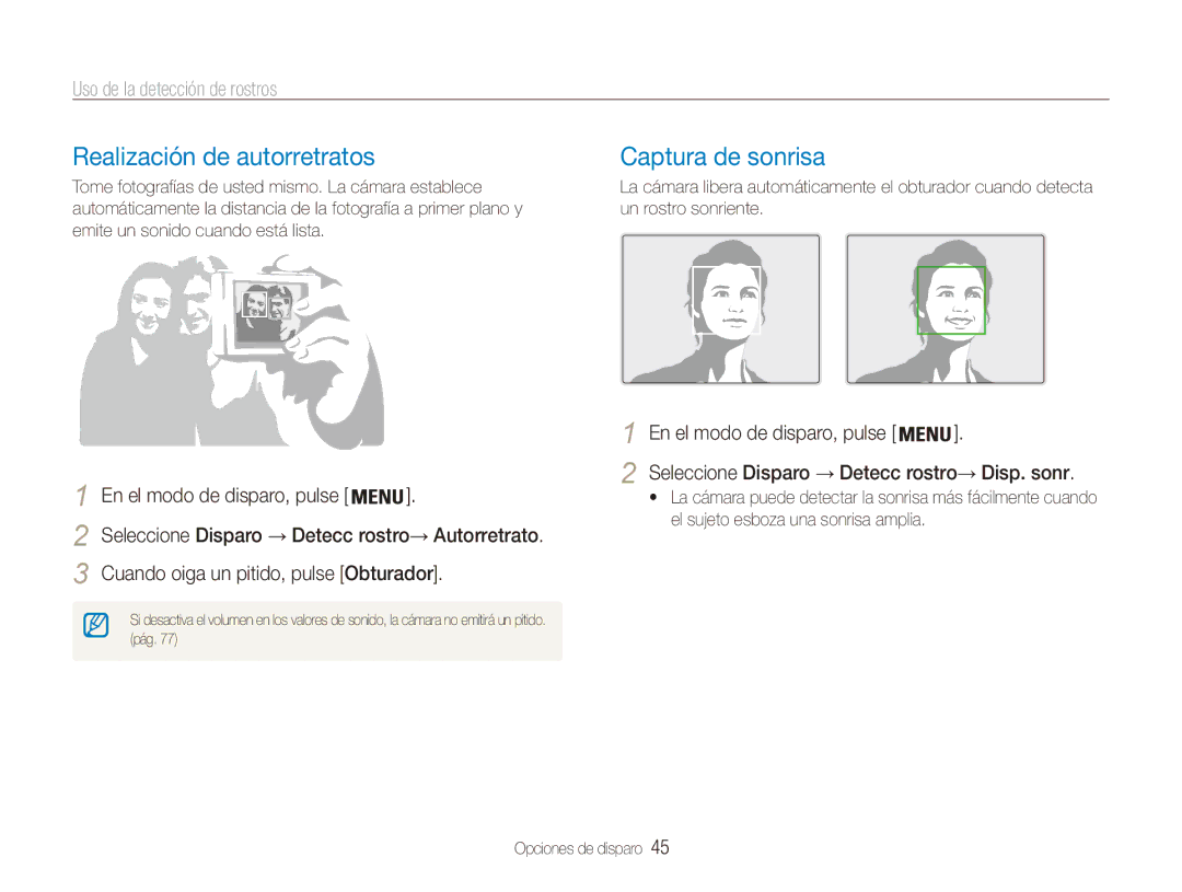 Samsung EC-ES80ZZBPPE1, EC-ES80ZZBPBE1 Realización de autorretratos, Captura de sonrisa, Uso de la detección de rostros 