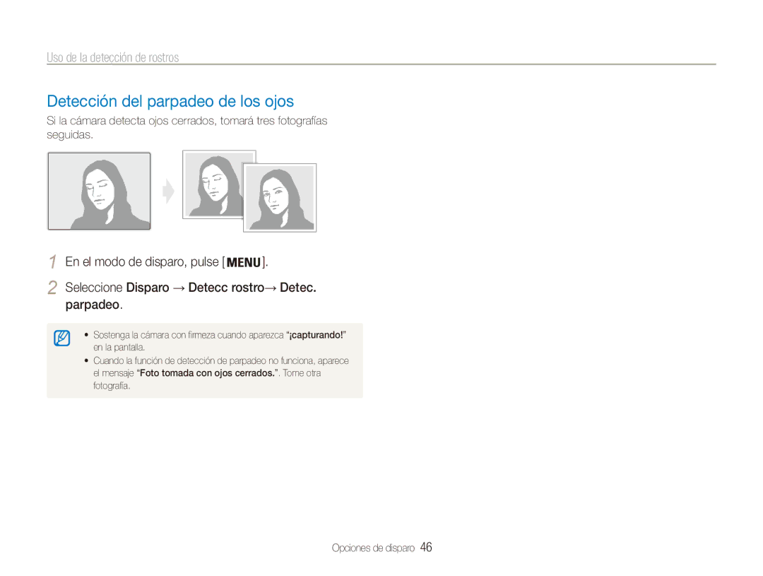Samsung EC-ES80ZZBPSE1 manual Detección del parpadeo de los ojos, Parpadeo, Seleccione Disparo → Detecc rostro→ Detec 