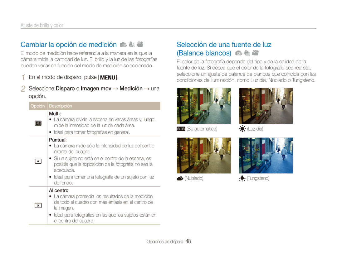 Samsung EC-ES80ZZBPRE1, EC-ES80ZZBPBE1 manual Cambiar la opción de medición, Selección de una fuente de luz Balance blancos 