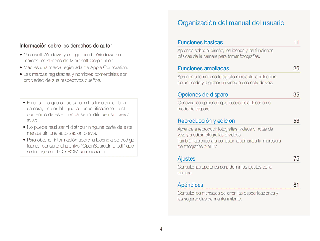 Samsung EC-ES80ZZBPRE1, EC-ES80ZZBPBE1 Organización del manual del usuario, Información sobre los derechos de autor 