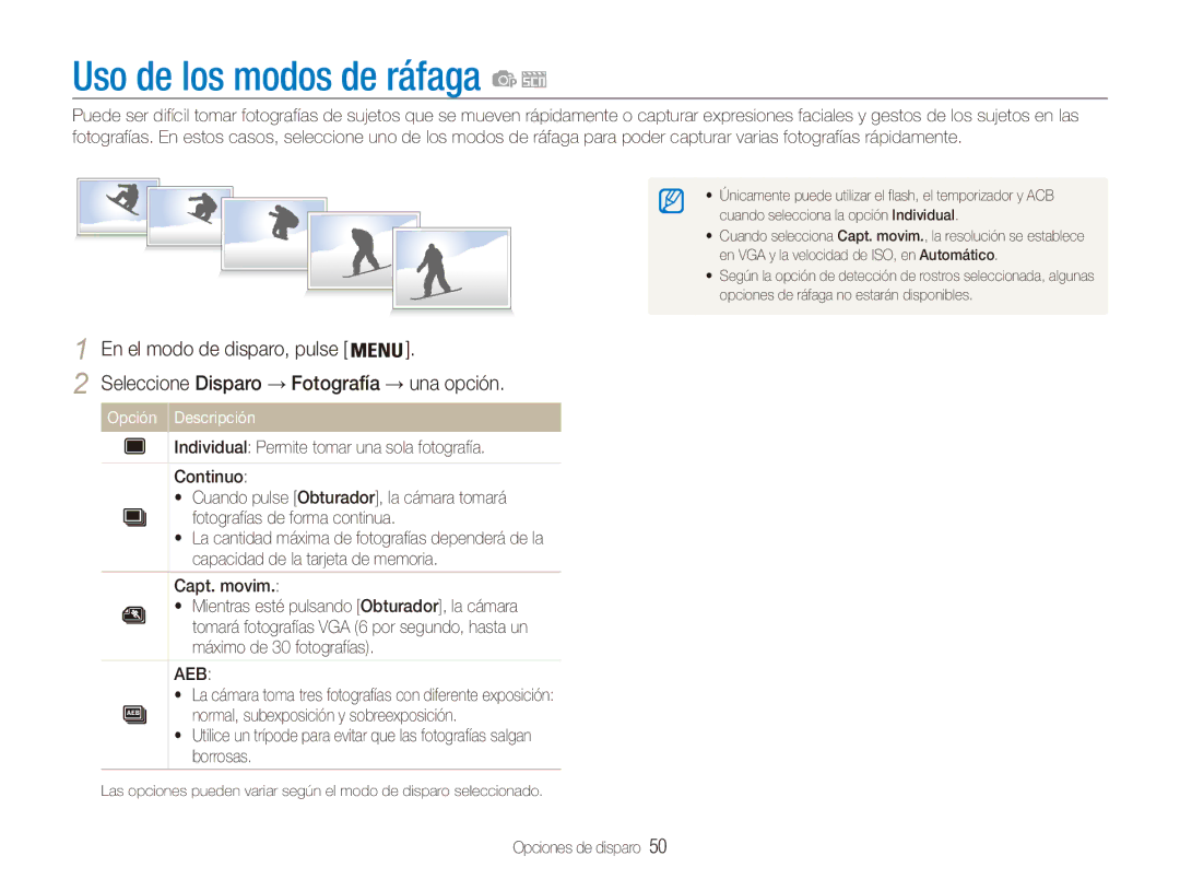 Samsung EC-ES80ZZBPSE1 manual Uso de los modos de ráfaga, Seleccione Disparo → Fotografía → una opción, Capt. movim 