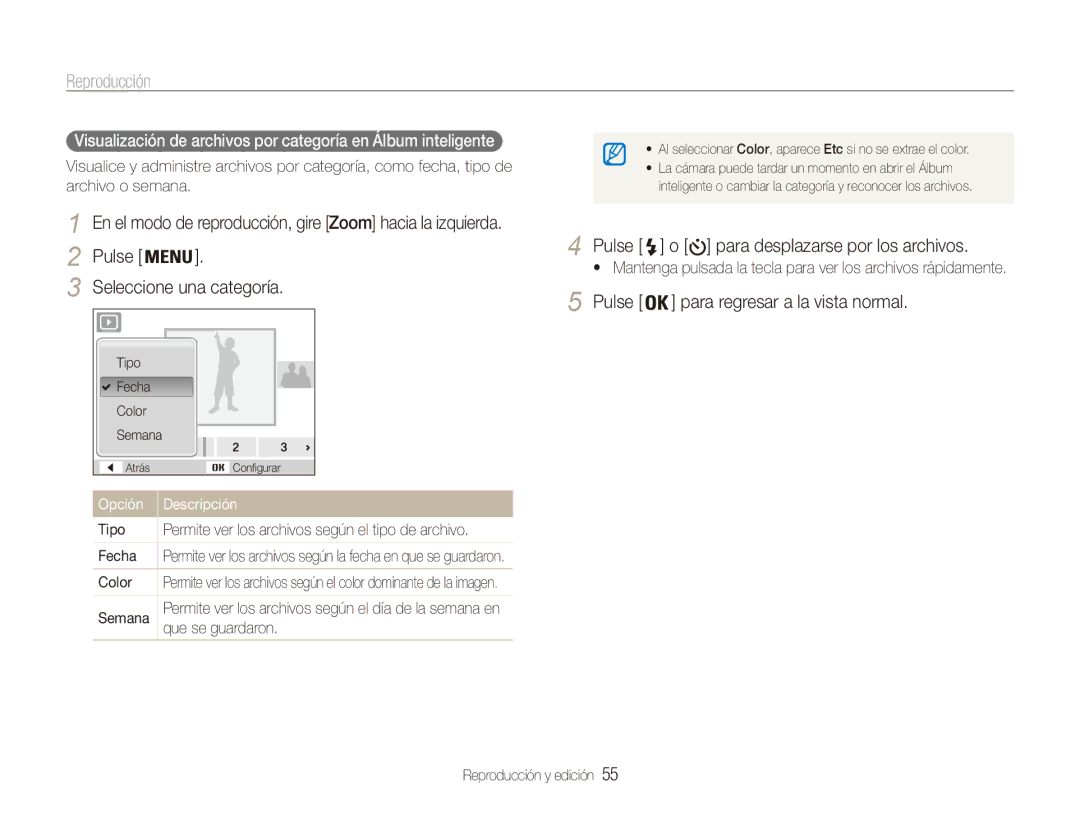 Samsung EC-ES80ZZBPBE1, EC-ES80ZZBPRE1, EC-ES80ZZBPPE1, EC-ES80ZZBPSE1 manual Reproducción, Pulse Seleccione una categoría 