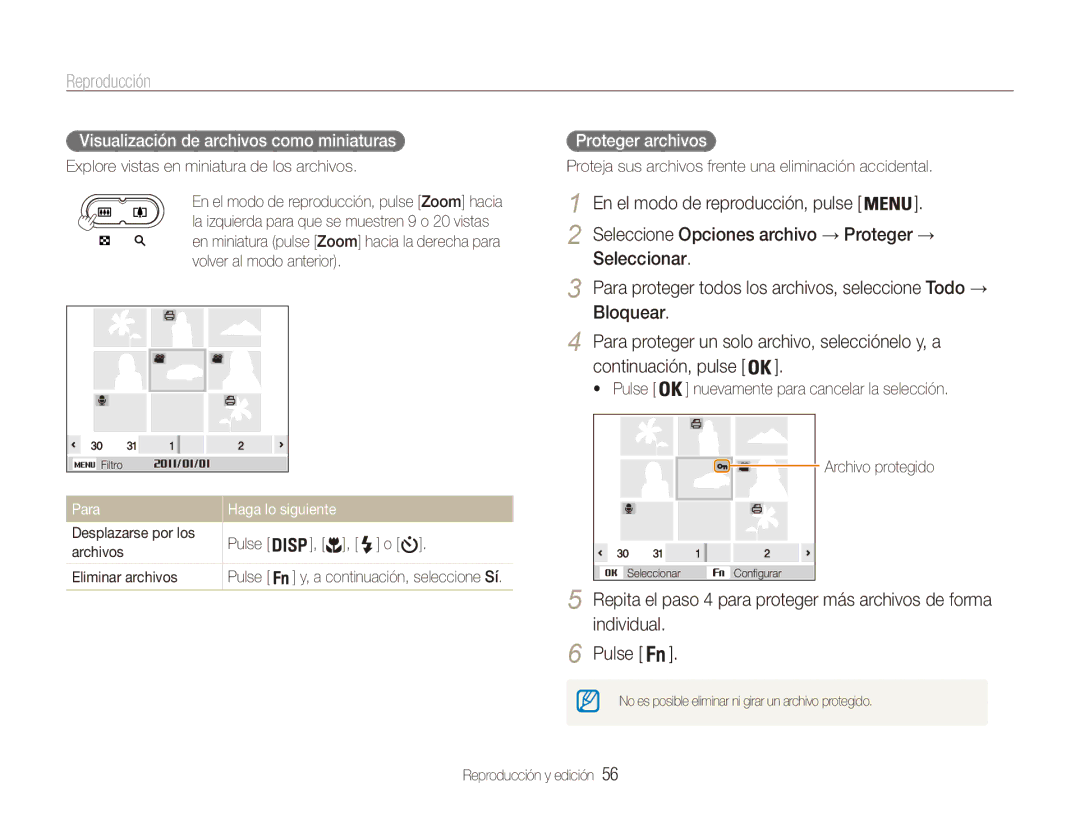 Samsung EC-ES80ZZBPRE1 manual Visualización de archivos como miniaturas, Proteger archivos, Para Haga lo siguiente 