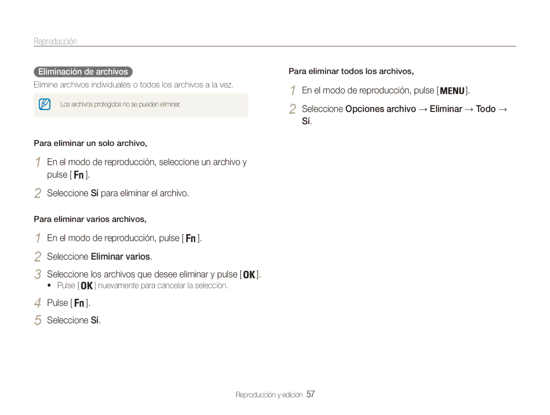 Samsung EC-ES80ZZBPPE1, EC-ES80ZZBPBE1 manual Pulse Seleccione Sí, Eliminación de archivos, Para eliminar varios archivos 