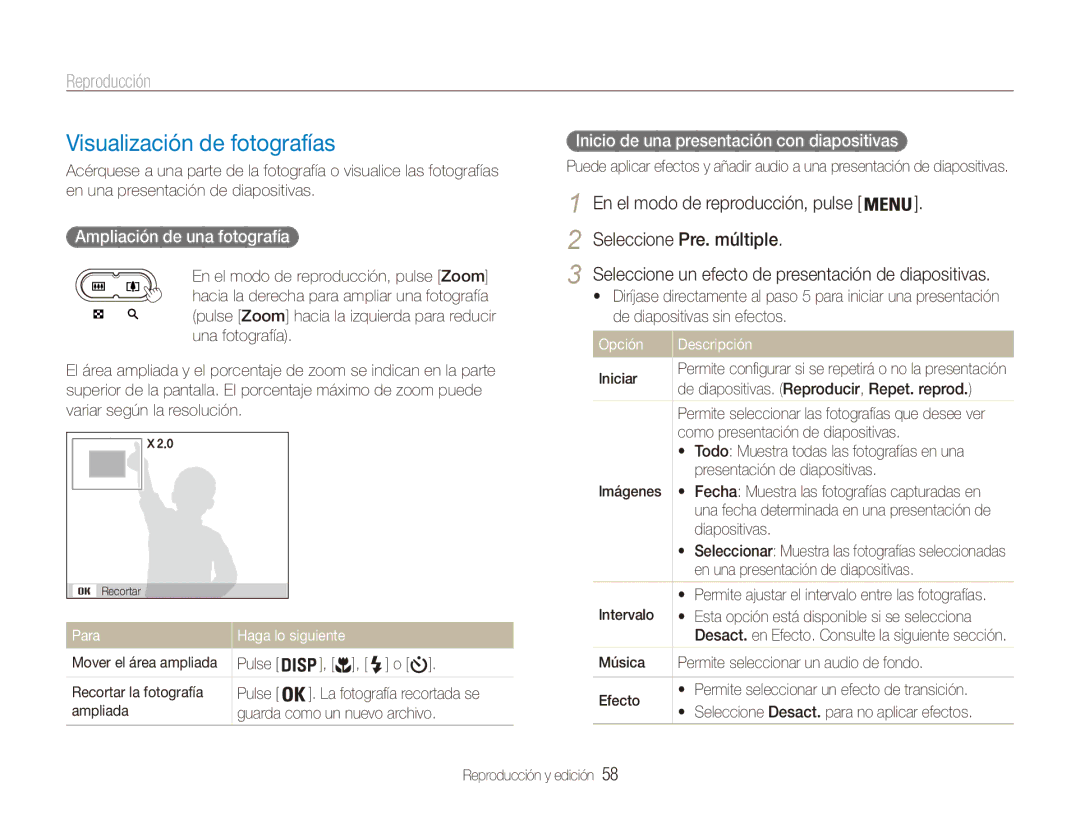 Samsung EC-ES80ZZBPSE1, EC-ES80ZZBPBE1, EC-ES80ZZBPRE1 manual Visualización de fotografías, Ampliación de una fotografía 