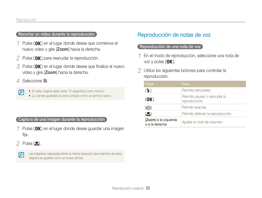 Samsung EC-ES80ZZBPRE1, EC-ES80ZZBPBE1 Reproducción de notas de voz, Nuevo vídeo y gire Zoom hacia la derecha, Fija Pulse 