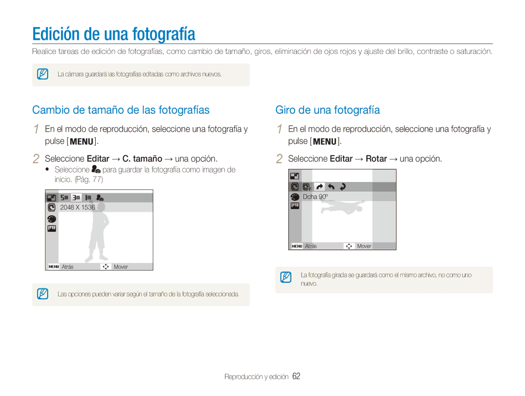 Samsung EC-ES80ZZBPSE1 manual Edición de una fotografía, Cambio de tamaño de las fotografías, Giro de una fotografía 