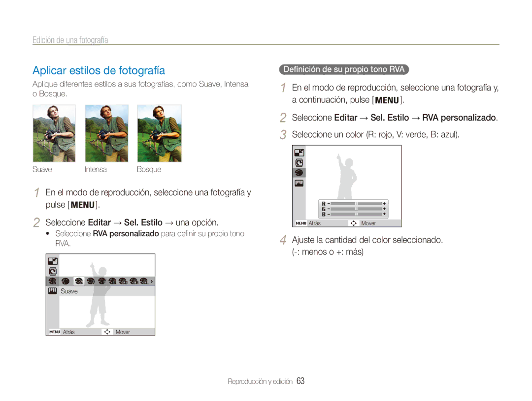 Samsung EC-ES80ZZBPBE1, EC-ES80ZZBPRE1, EC-ES80ZZBPPE1 manual Edición de una fotografía, Definición de su propio tono RVA 