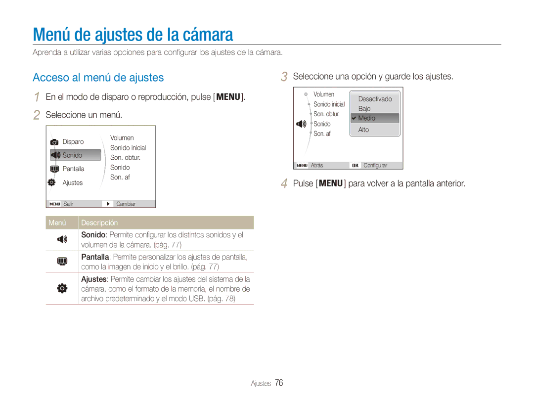 Samsung EC-ES80ZZBPRE1 manual Menú de ajustes de la cámara, Acceso al menú de ajustes, Seleccione un menú, Menú Descripción 