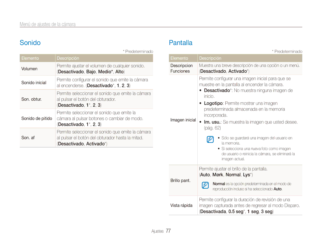 Samsung EC-ES80ZZBPPE1, EC-ES80ZZBPBE1, EC-ES80ZZBPRE1 Sonido, Pantalla, Menú de ajustes de la cámara, Elemento Descripción 