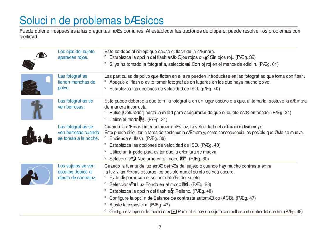 Samsung EC-ES80ZZBPBE1 Solución de problemas básicos, Evite disparar con el sol por detrás del sujeto, Relleno. Pág 