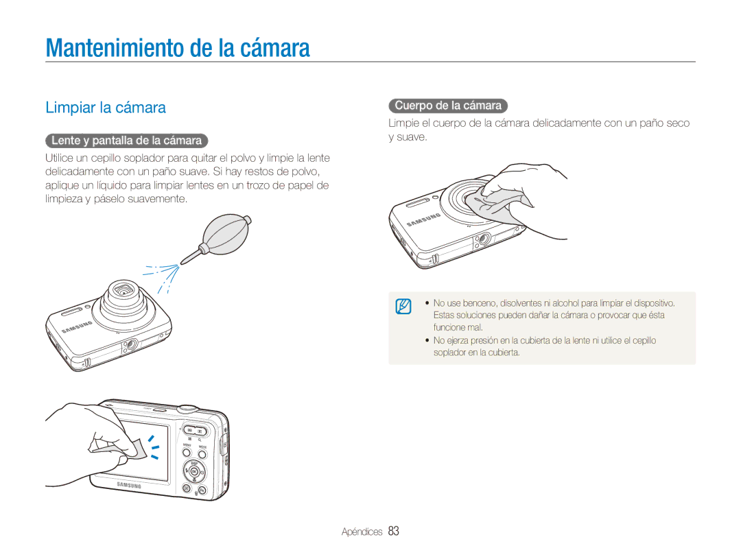 Samsung EC-ES80ZZBPBE1 Mantenimiento de la cámara, Limpiar la cámara, Lente y pantalla de la cámara, Cuerpo de la cámara 