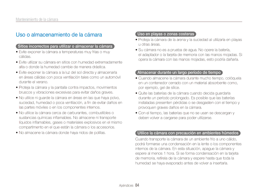 Samsung EC-ES80ZZBPRE1, EC-ES80ZZBPBE1, EC-ES80ZZBPPE1 manual Uso o almacenamiento de la cámara, Mantenimiento de la cámara 