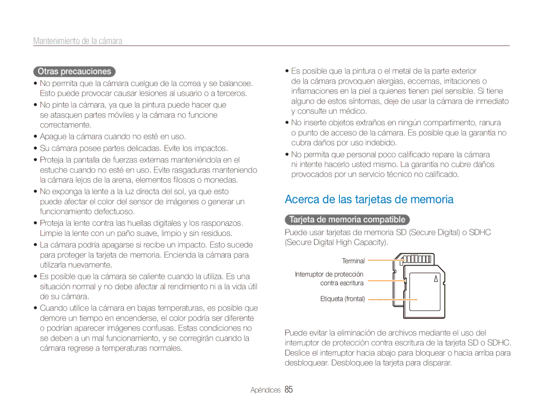 Samsung EC-ES80ZZBPPE1 manual Acerca de las tarjetas de memoria, Otras precauciones, Tarjeta de memoria compatible 