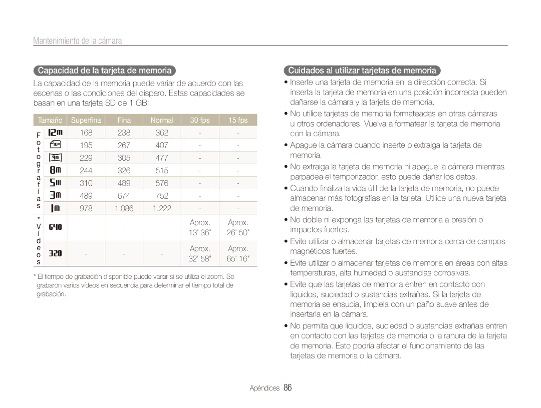 Samsung EC-ES80ZZBPSE1, EC-ES80ZZBPBE1 manual Capacidad de la tarjeta de memoria, Cuidados al utilizar tarjetas de memoria 