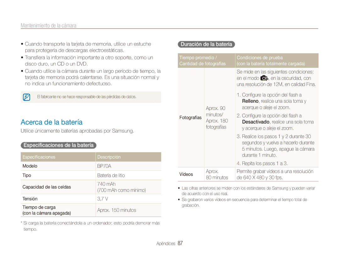 Samsung EC-ES80ZZBPBE1, EC-ES80ZZBPRE1 manual Acerca de la batería, Especificaciones de la batería, Duración de la batería 