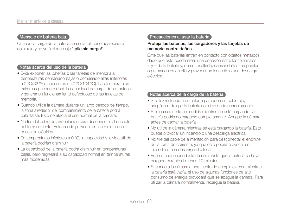 Samsung EC-ES80ZZBPRE1 manual Mensaje de batería baja, Notas acerca del uso de la batería, Precauciones al usar la batería 