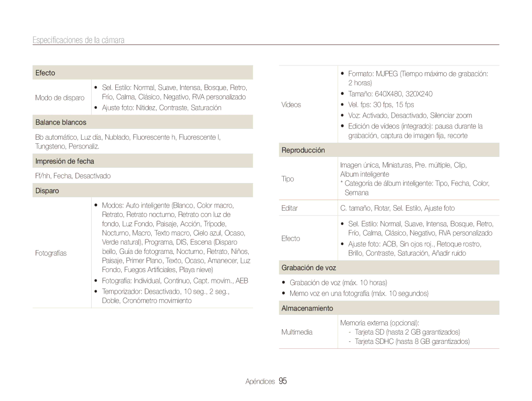 Samsung EC-ES80ZZBPBE1, EC-ES80ZZBPRE1, EC-ES80ZZBPPE1, EC-ES80ZZBPSE1 manual Especificaciones de la cámara 