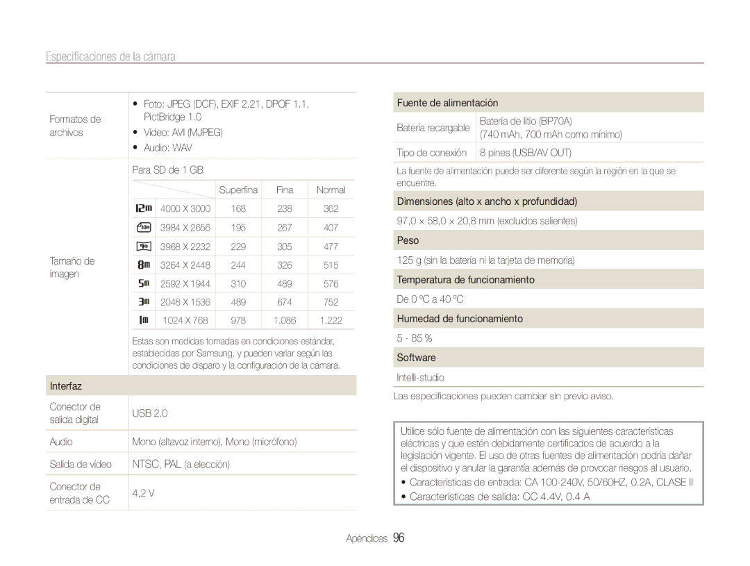 Samsung EC-ES80ZZBPRE1, EC-ES80ZZBPBE1 Audio WAV Para SD de 1 GB, Tamaño de, Interfaz Conector de USB Salida digital Audio 