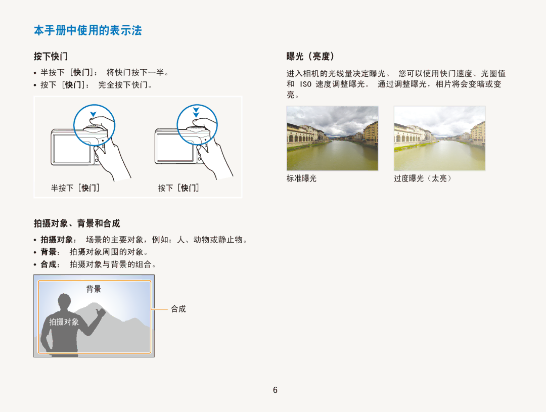 Samsung EC-ES80ZZBPBE2, EC-ES80ZZBPBE1, EC-ES80ZZBPSE3, EC-ES80ZZBPBE3, EC-ES80ZZBPRE3 本手册中使用的表示法, 按下快门, 拍摄对象、背景和合成, 曝光（亮度） 