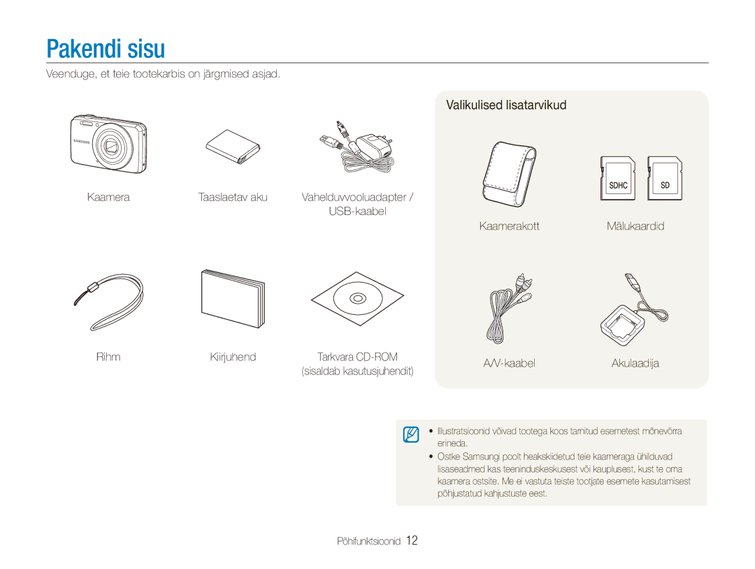 Samsung EC-ES80ZZBPBE2 manual Pakendi sisu, Valikulised lisatarvikud 