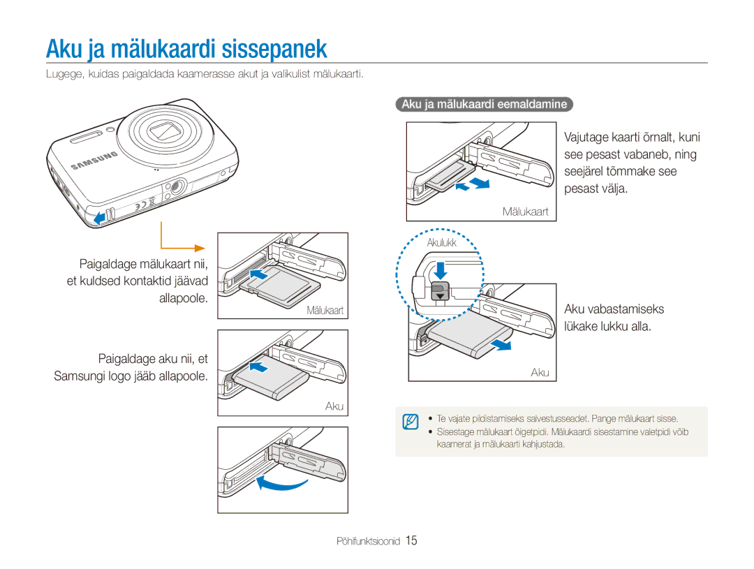 Samsung EC-ES80ZZBPBE2 Aku ja mälukaardi sissepanek, Aku ja mälukaardi eemaldamine, Aku vabastamiseks lükake lukku alla 