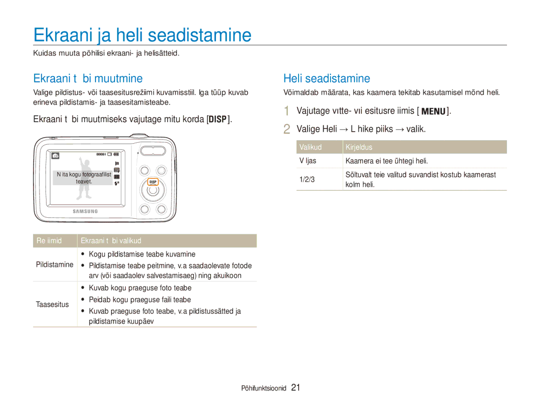 Samsung EC-ES80ZZBPBE2 manual Ekraani ja heli seadistamine, Ekraani tüübi muutmine, Heli seadistamine 