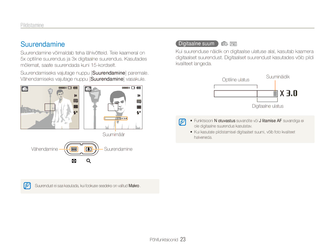 Samsung EC-ES80ZZBPBE2 manual Pildistamine, Digitaalne suum, Suumimäär Vähendamine Suurendamine, Digitaalne ulatus 