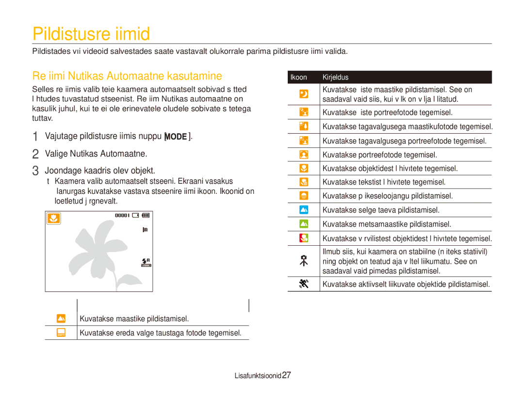 Samsung EC-ES80ZZBPBE2 manual Pildistusrežiimid, Režiimi Nutikas Automaatne kasutamine 