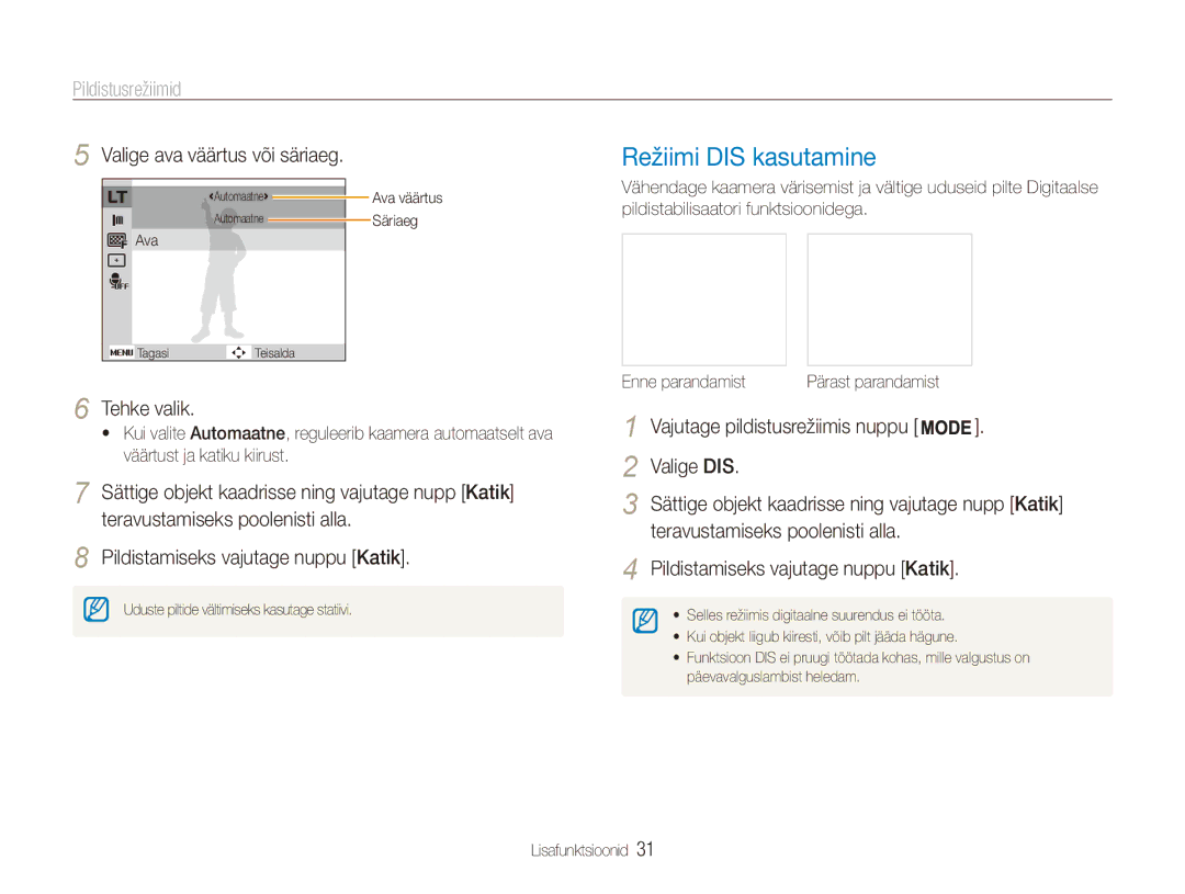 Samsung EC-ES80ZZBPBE2 manual Režiimi DIS kasutamine, Tehke valik, Valige DIS, Valige ava väärtus või säriaeg 