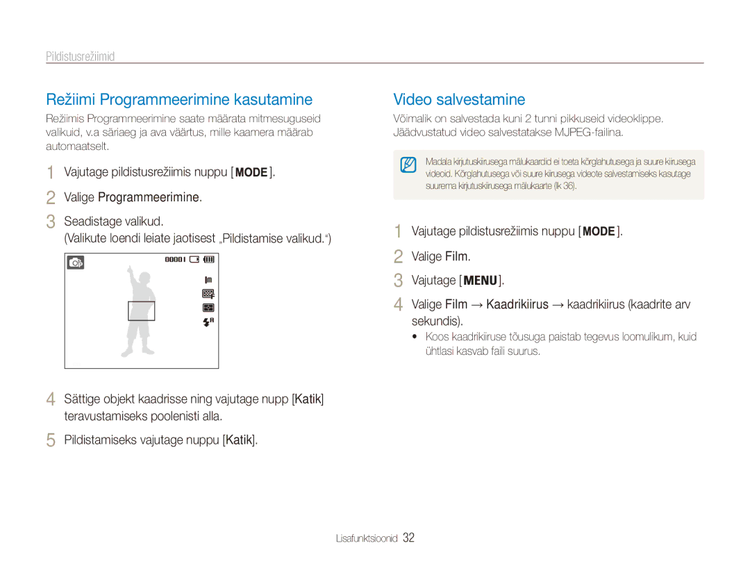 Samsung EC-ES80ZZBPBE2 Režiimi Programmeerimine kasutamine, Video salvestamine, Valige Programmeerimine Seadistage valikud 