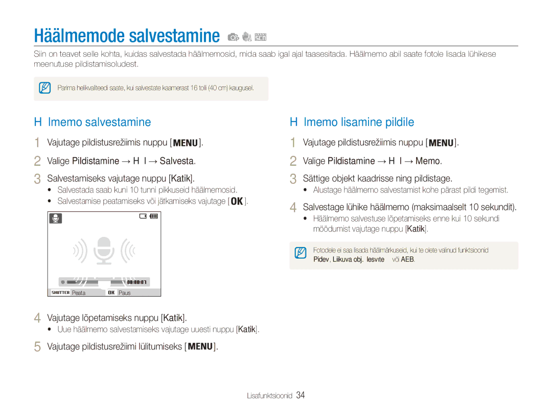 Samsung EC-ES80ZZBPBE2 manual Häälmemode salvestamine, Häälmemo salvestamine, Häälmemo lisamine pildile 