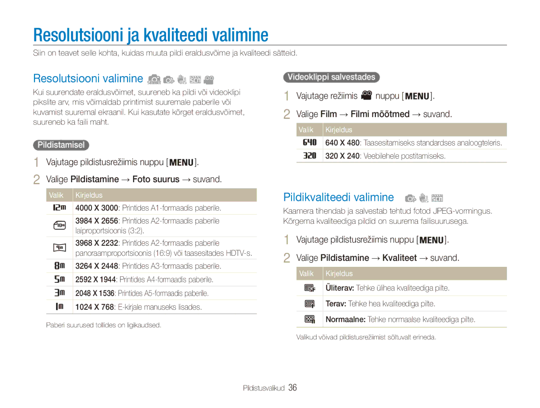 Samsung EC-ES80ZZBPBE2 manual Resolutsiooni ja kvaliteedi valimine, Resolutsiooni valimine, Pildikvaliteedi valimine 