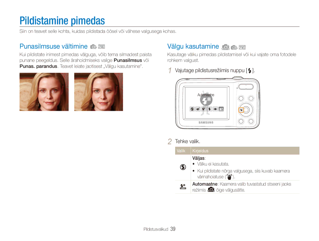 Samsung EC-ES80ZZBPBE2 manual Pildistamine pimedas, Punasilmsuse vältimine, Välgu kasutamine 