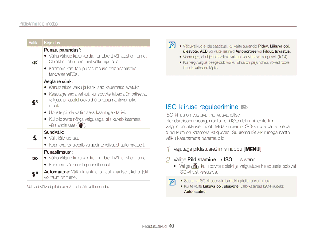 Samsung EC-ES80ZZBPBE2 manual ISO-kiiruse reguleerimine, Pildistamine pimedas, Valik, Punas. parandus 